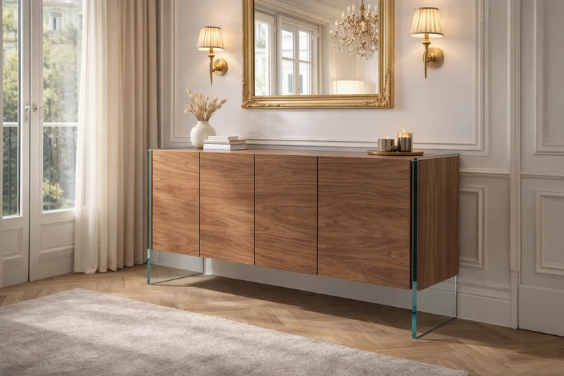 Buffet design en noyer et verre trempé
