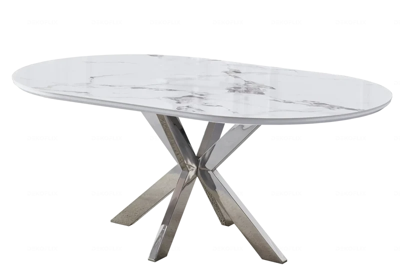 Table ovale marbre blanc et 4 chaises argent – Nora