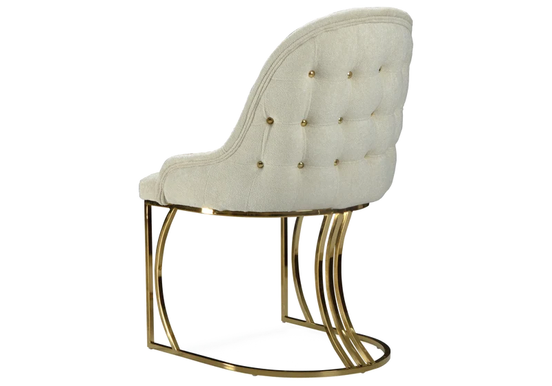 Fauteuils de table en tissu beige capitonnés dorés - Sara x2