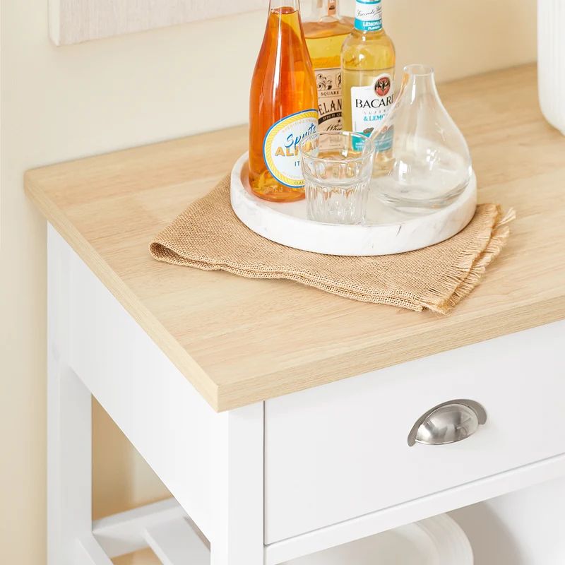 SoBuy FKW62-II-WN Desserte Cuisine avec Roulettes, 2 Tiroirs et 1 Porte, Mobile, pour Cuisine et Salle à Manger, Pratique – L87×P48×H89 cm, Blanc et Naturel