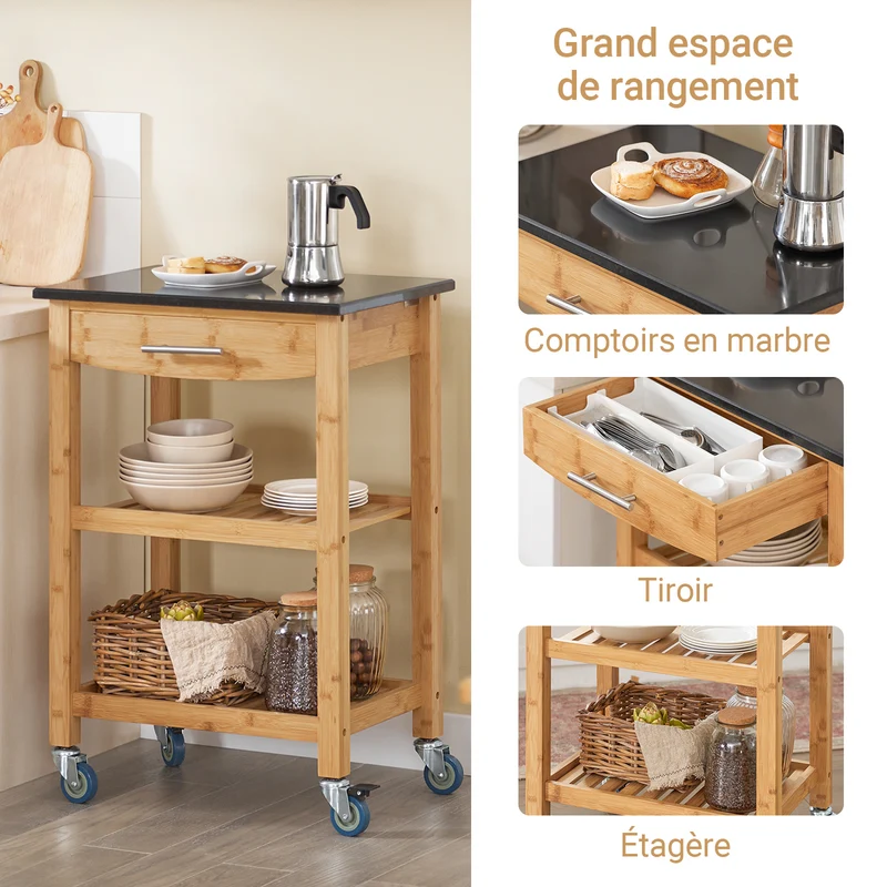 SoBuy FKW28-SCH Desserte Cuisine avec Roulettes et Étagère, Mobile, pour Cuisine et Salle à Manger, Rangement Optimisé, Pratique – L58×P40×H85 cm, Bambou, Noir