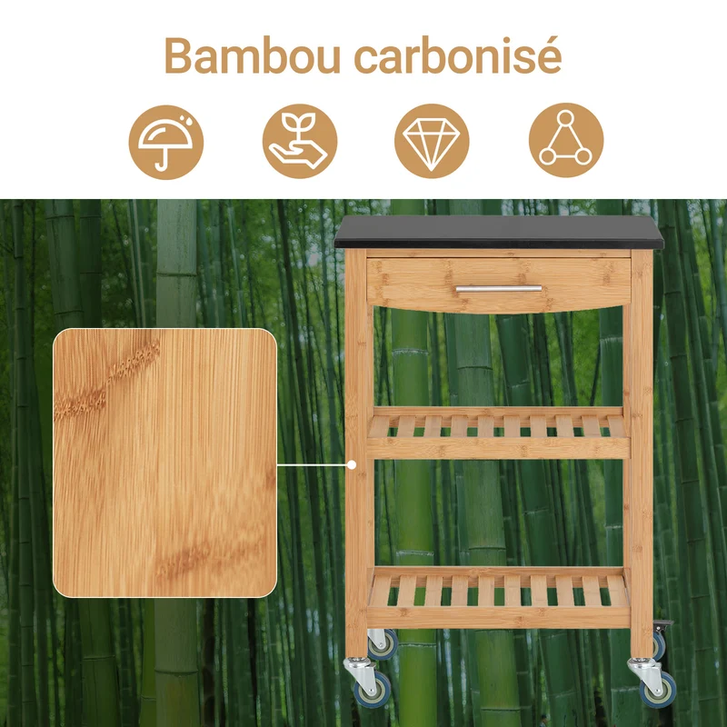 SoBuy FKW28-SCH Desserte Cuisine avec Roulettes et Étagère, Mobile, pour Cuisine et Salle à Manger, Rangement Optimisé, Pratique – L58×P40×H85 cm, Bambou, Noir