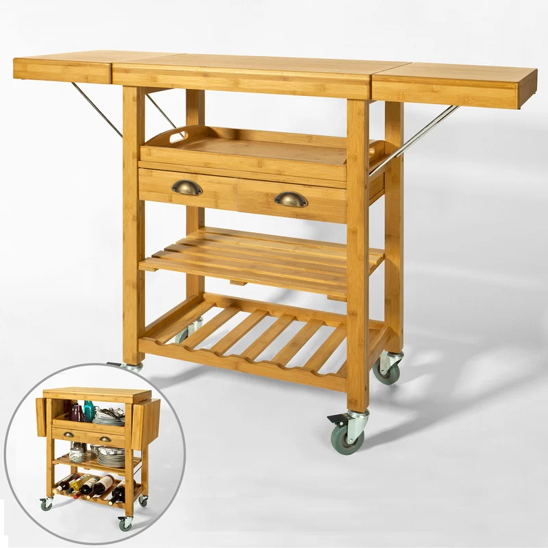 SoBuy FKW25-N Desserte Cuisine avec Roulettes, Plateau Rabattable et Tiroirs, Format Compact, Mobile, Rangement Optimisé – L135×P37×H92 cm, Bambou, Naturel