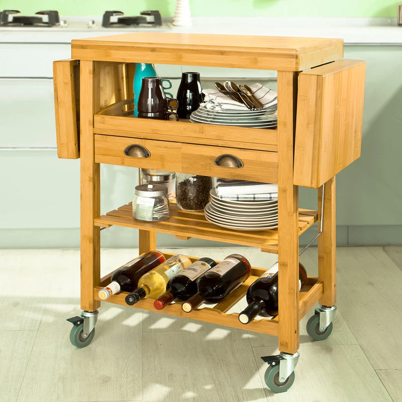 SoBuy FKW25-N Desserte Cuisine avec Roulettes, Plateau Rabattable et Tiroirs, Format Compact, Mobile, Rangement Optimisé – L135×P37×H92 cm, Bambou, Naturel