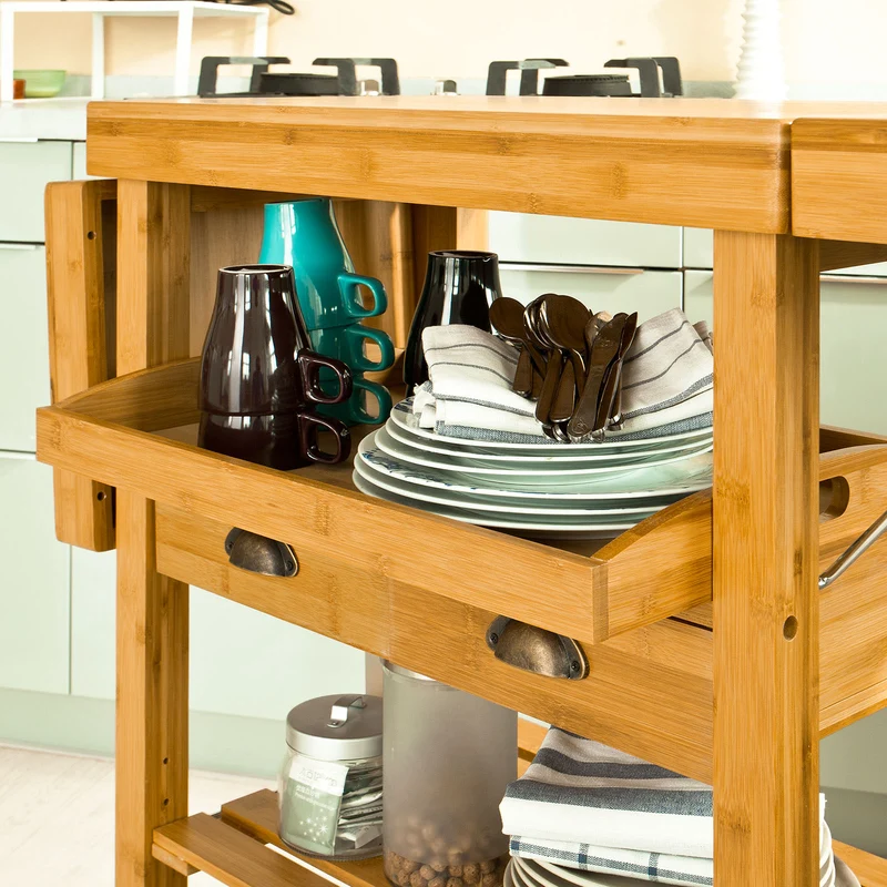 SoBuy FKW25-N Desserte Cuisine avec Roulettes, Plateau Rabattable et Tiroirs, Format Compact, Mobile, Rangement Optimisé – L135×P37×H92 cm, Bambou, Naturel
