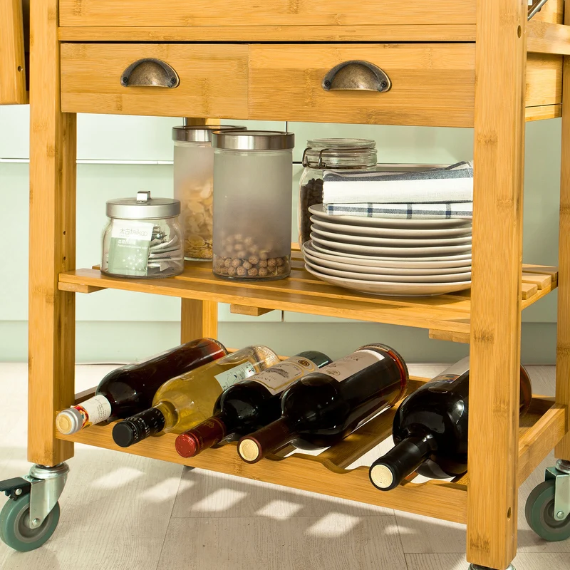 SoBuy FKW25-N Desserte Cuisine avec Roulettes, Plateau Rabattable et Tiroirs, Format Compact, Mobile, Rangement Optimisé – L135×P37×H92 cm, Bambou, Naturel