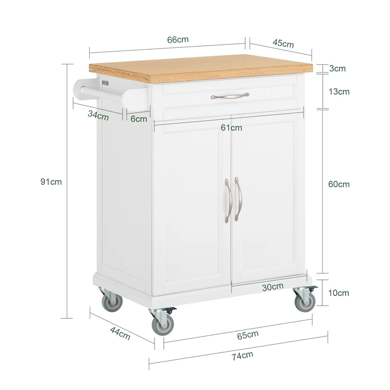 SoBuy FKW13-WN Desserte Cuisine avec Roulettes, Plateau en Bambou, 1 Tiroir et 2 Portes, Mobile, Rangement Optimisé – L66×P45×H91 cm, Bambou, Blanc et Naturel
