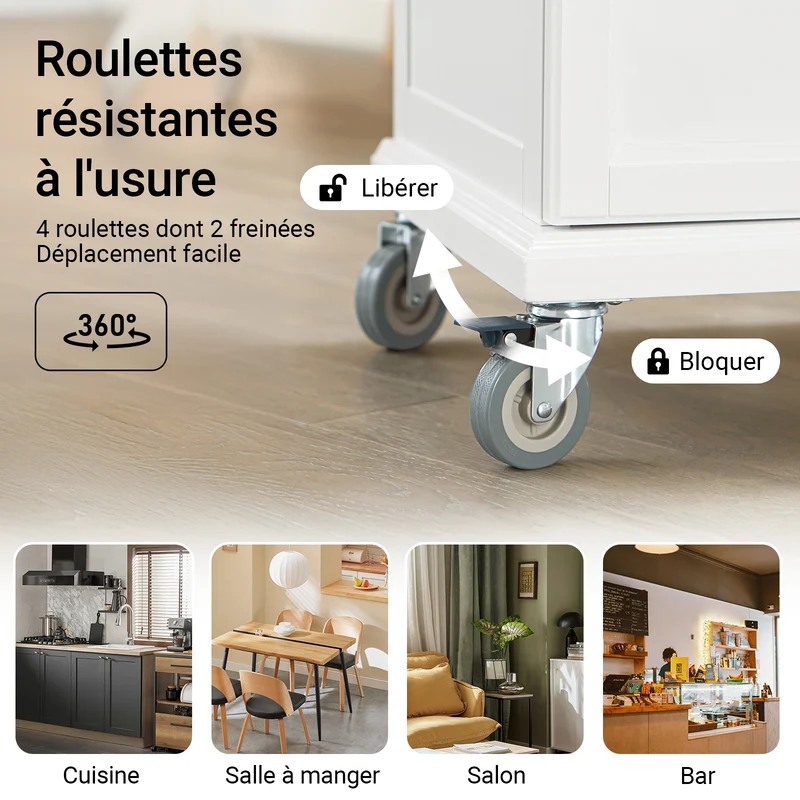 SoBuy FKW13-WN Desserte Cuisine avec Roulettes, Plateau en Bambou, 1 Tiroir et 2 Portes, Mobile, Rangement Optimisé – L66×P45×H91 cm, Bambou, Blanc et Naturel
