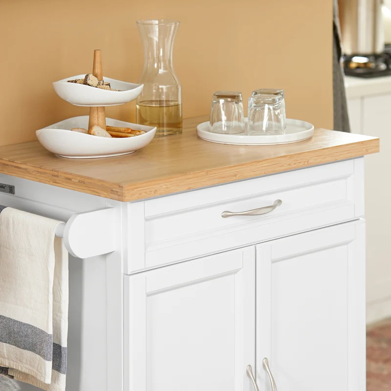 SoBuy FKW13-WN Desserte Cuisine avec Roulettes, Plateau en Bambou, 1 Tiroir et 2 Portes, Mobile, Rangement Optimisé – L66×P45×H91 cm, Bambou, Blanc et Naturel