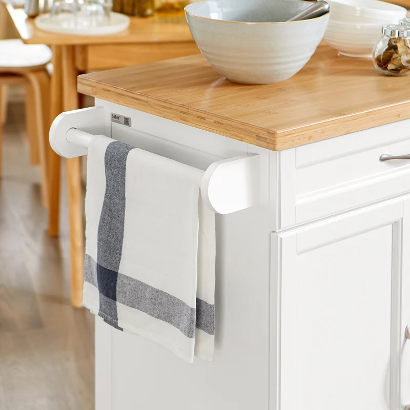 SoBuy FKW13-WN Desserte Cuisine avec Roulettes, Plateau en Bambou, 1 Tiroir et 2 Portes, Mobile, Rangement Optimisé – L66×P45×H91 cm, Bambou, Blanc et Naturel