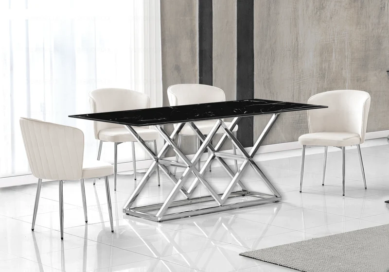 Table à manger effet marbre noir et pied argent - Erly