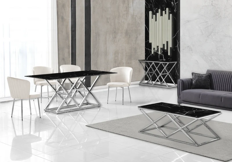 Table à manger effet marbre noir et pied argent - Erly