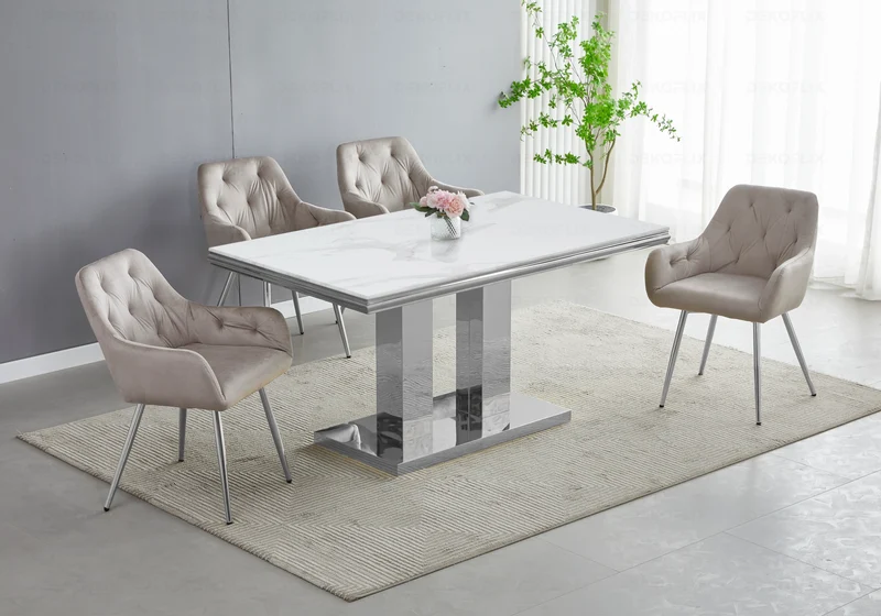 Table à manger marbre blanc argent design - Versus