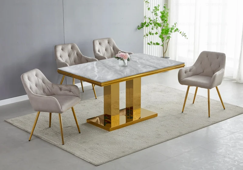 Table à manger marbre gris dorée design - Versus