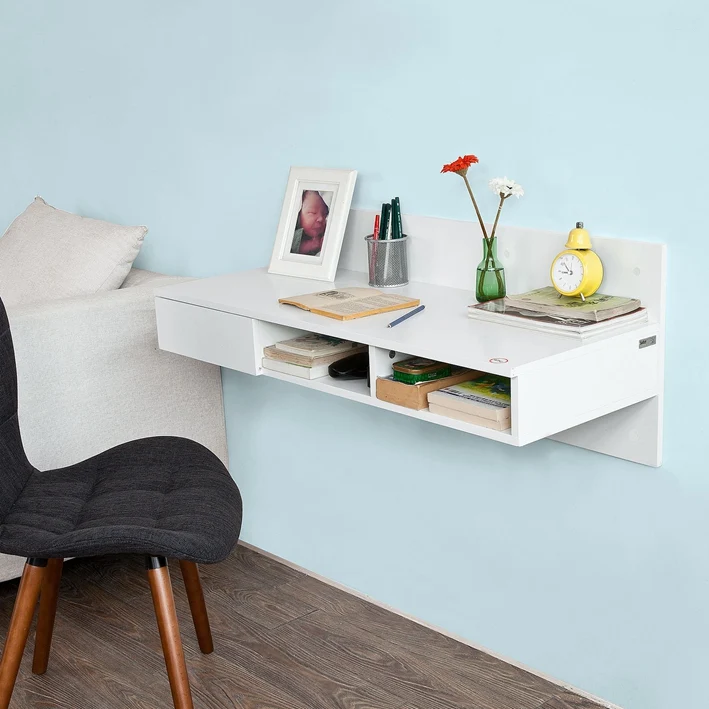 SoBuy FWT30-W Bureau informatique Table murale avec 1 tiroir et 2 compartiments-Blanc