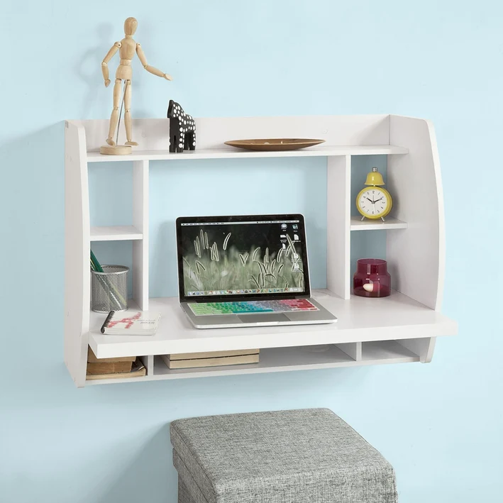 SoBuy FWT18-W Table murale Bureau avec Étagère intégrée Armoire de rangement Blanc