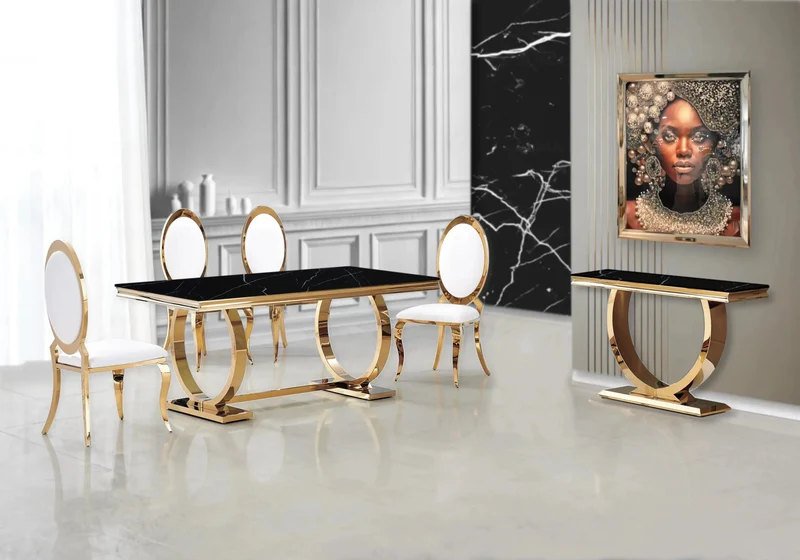 Table marbre noir et 4 chaises médaillon doré – Bobo