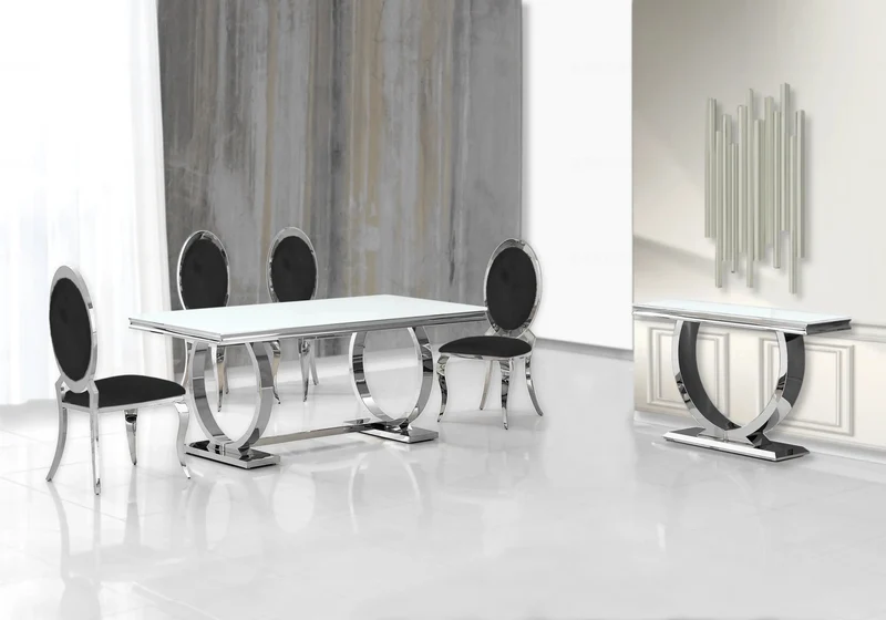Table verre blanc et 4 chaises médaillon argent – Bobo