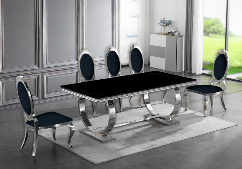 Table verre noir et 4 chaises médaillon argent – Bobo