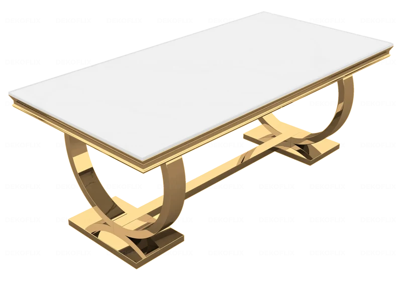 Table verre blanc et 4 chaises médaillon doré – Bobo