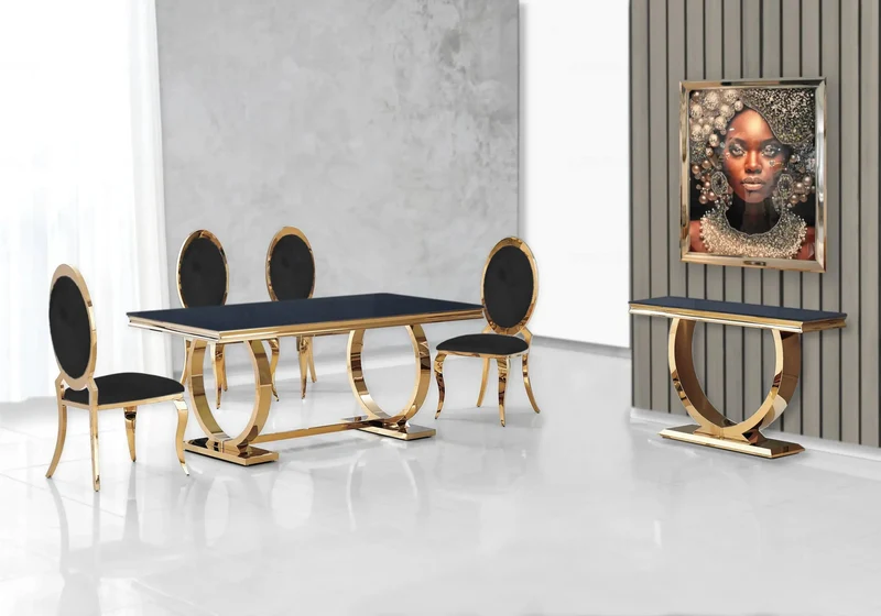 Table verre noir et 4 chaises médaillon doré – Bobo