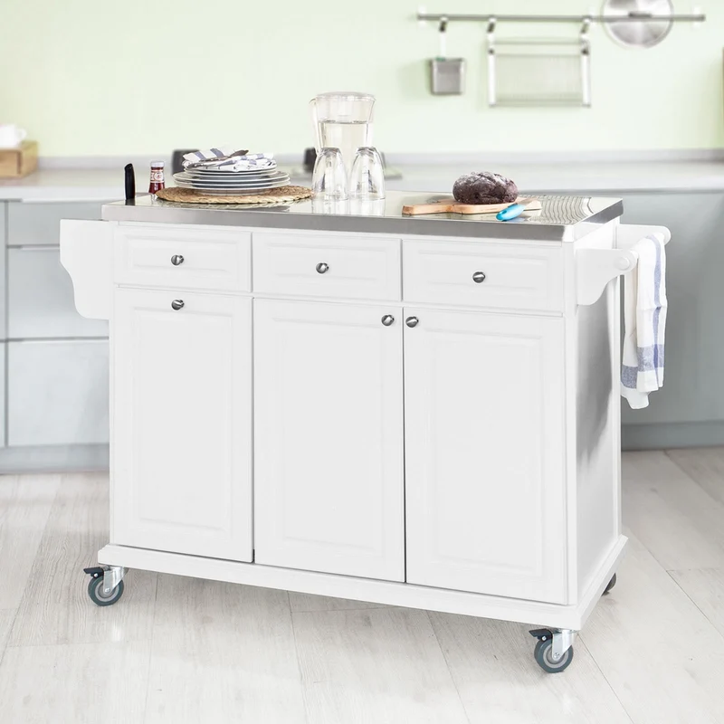 SoBuy FKW33-W Desserte de Cuisine à Roulettes XXL avec Plan de Travail INOX, 3 Tiroirs et Système de Tri des Déchets, Charge 50 kg – 133x48x95 cm, Blanc