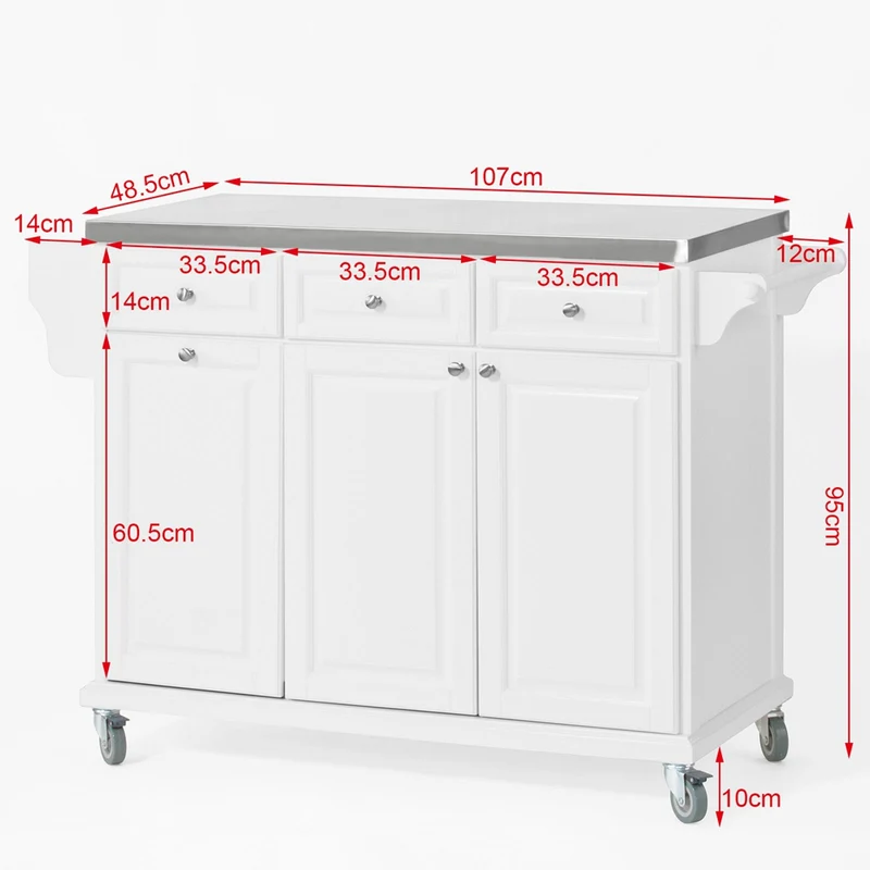 SoBuy FKW33-W Desserte de Cuisine à Roulettes XXL avec Plan de Travail INOX, 3 Tiroirs et Système de Tri des Déchets, Charge 50 kg – 133x48x95 cm, Blanc