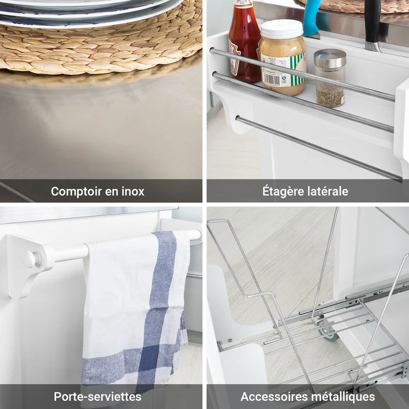SoBuy FKW33-W Desserte de Cuisine à Roulettes XXL avec Plan de Travail INOX, 3 Tiroirs et Système de Tri des Déchets, Charge 50 kg – 133x48x95 cm, Blanc