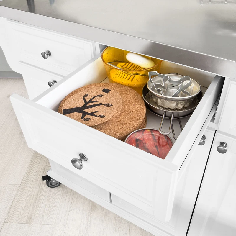 SoBuy FKW33-W Desserte de Cuisine à Roulettes XXL avec Plan de Travail INOX, 3 Tiroirs et Système de Tri des Déchets, Charge 50 kg – 133x48x95 cm, Blanc