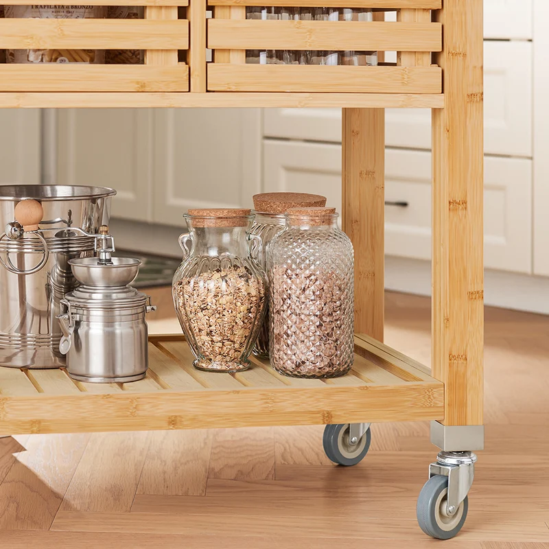 SoBuy FKW40-N Desserte de Cuisine à Roulettes en Bambou avec Plan de Travail INOX, 2 Tiroirs et 2 Paniers, Îlon Central Compact – 73x46x93 cm, Naturel