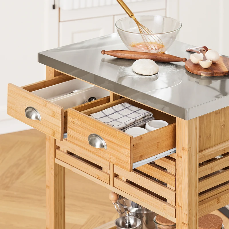 SoBuy FKW40-N Desserte de Cuisine à Roulettes en Bambou avec Plan de Travail INOX, 2 Tiroirs et 2 Paniers, Îlon Central Compact – 73x46x93 cm, Naturel