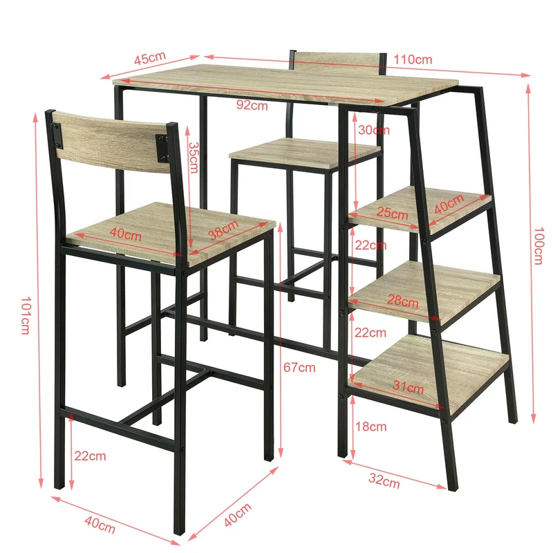 SoBuy OGT16-N Ensemble Table de Bar Bistrot + 2 Tabourets de Bar avec 3 Étagères Latéraux