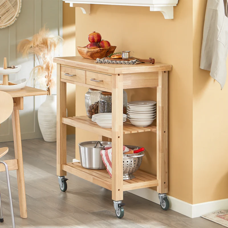 SoBuy FKW24-II-N Desserte de Cuisine sur Roulettes en Bois d'Hévéa – 2 Tiroirs, 2 Étagères, Meuble Cuisine Compact 80×40×90 cm