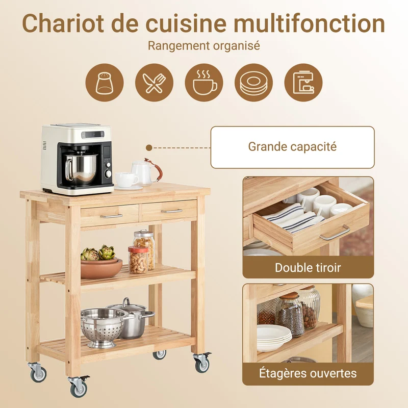 SoBuy FKW24-II-N Desserte de Cuisine sur Roulettes en Bois d'Hévéa – 2 Tiroirs, 2 Étagères, Meuble Cuisine Compact 80×40×90 cm