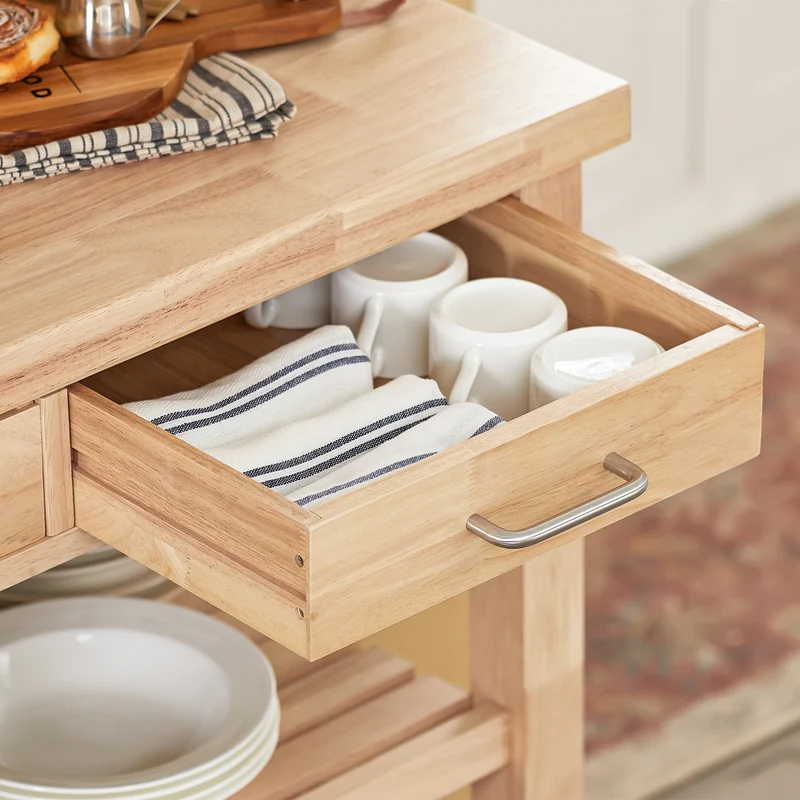 SoBuy FKW24-II-N Desserte de Cuisine sur Roulettes en Bois d'Hévéa – 2 Tiroirs, 2 Étagères, Meuble Cuisine Compact 80×40×90 cm