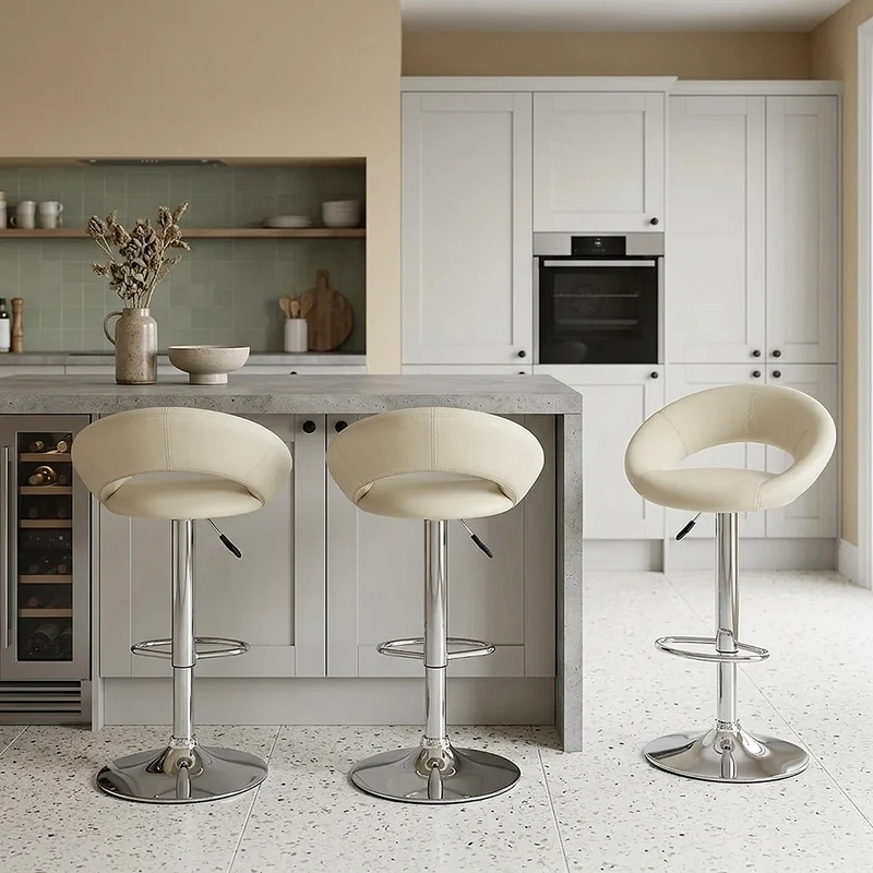 Chaise de Bar Faux Cuir Chrome - Crescent Matelassé Crème