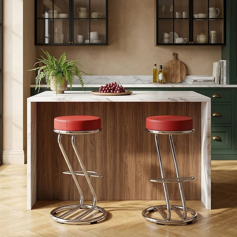 Tabouret Faux Cuir Chrome - Zaza Rouge