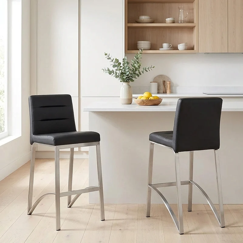 Tabouret Faux Cuir Chrome Brossé - Stella Noir