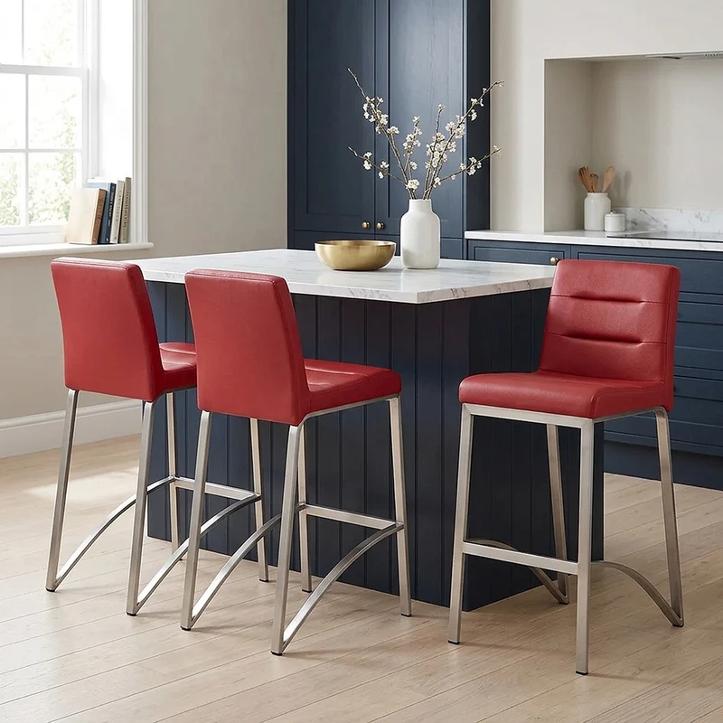Tabouret Faux Cuir Chrome Brossé - Stella Rouge