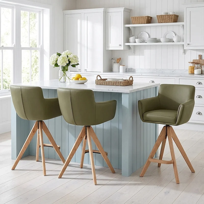 Tabouret Cuir Véritable Bois - Rome Vert