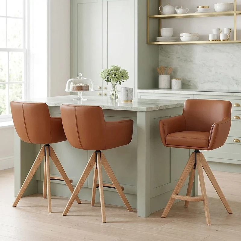 Tabouret Cuir Véritable Bois - Rome Marron
