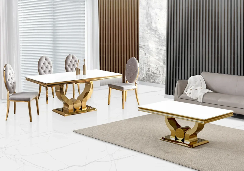 Table verre blanc et 4 chaises capitonnées doré – Omega