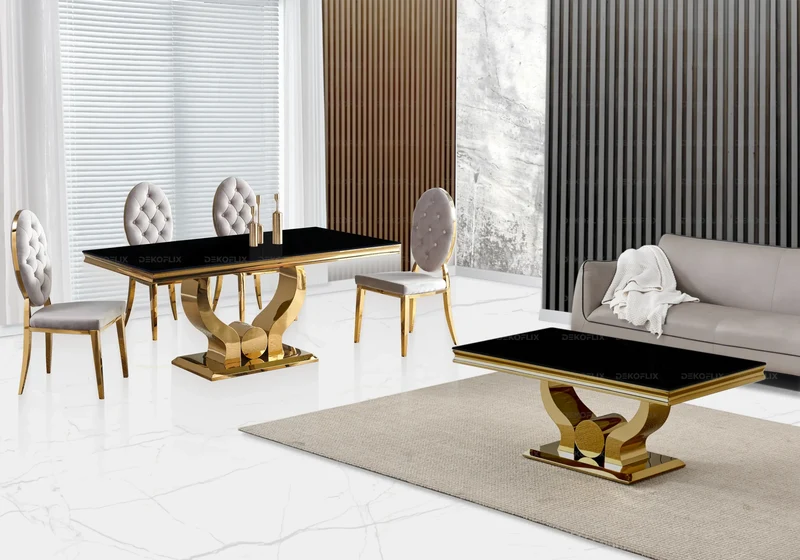 Table verre noir et 4 chaises capitonnées doré – Omega