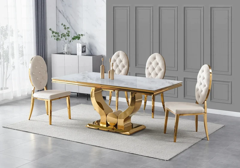Table marbre beige et 4 chaises capitonnées doré – Omega