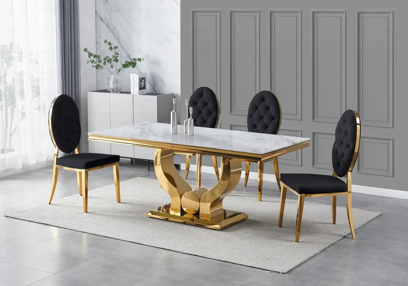Table marbre beige et 4 chaises capitonnées doré – Omega
