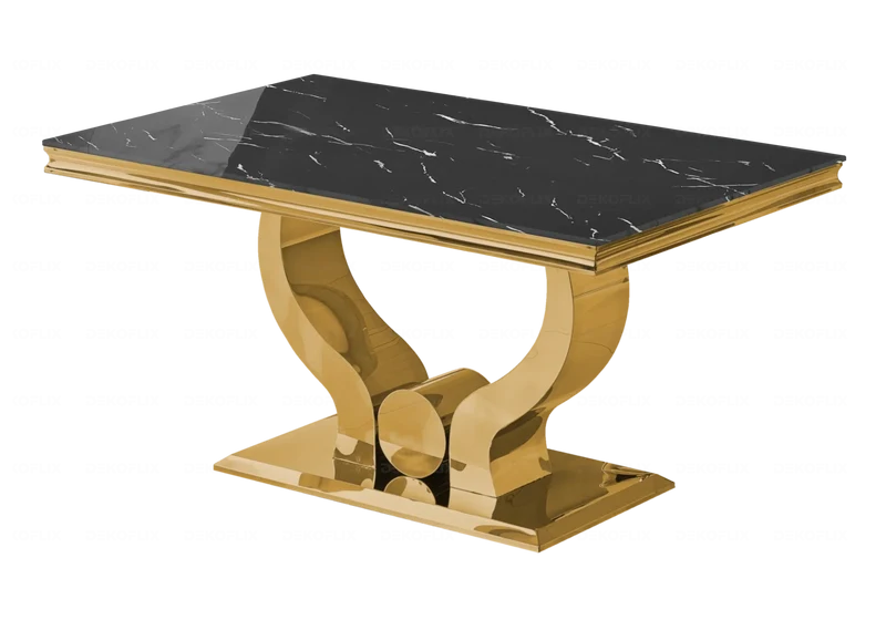 Table marbre noir et 4 chaises capitonnées doré – Omega