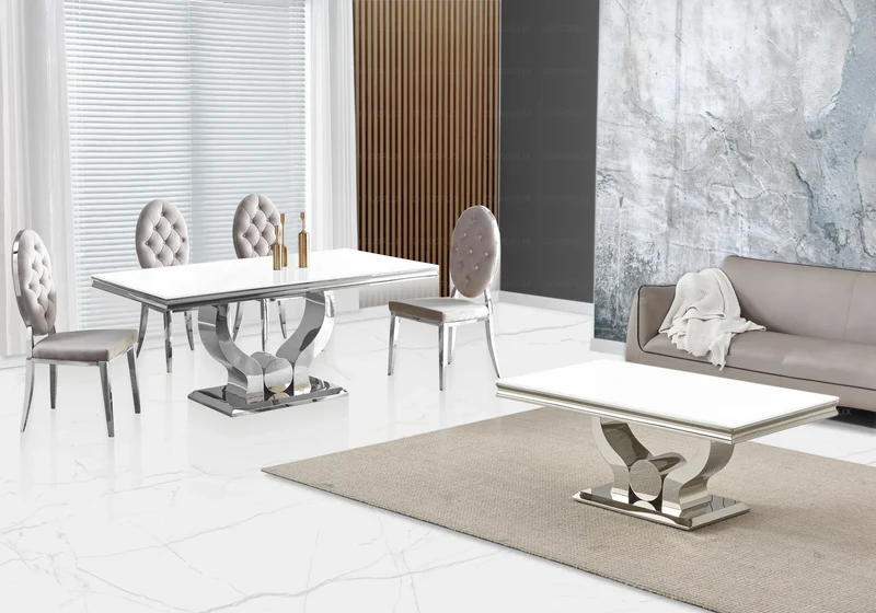 Table verre blanc et 4 chaises capitonnées argent – Omega