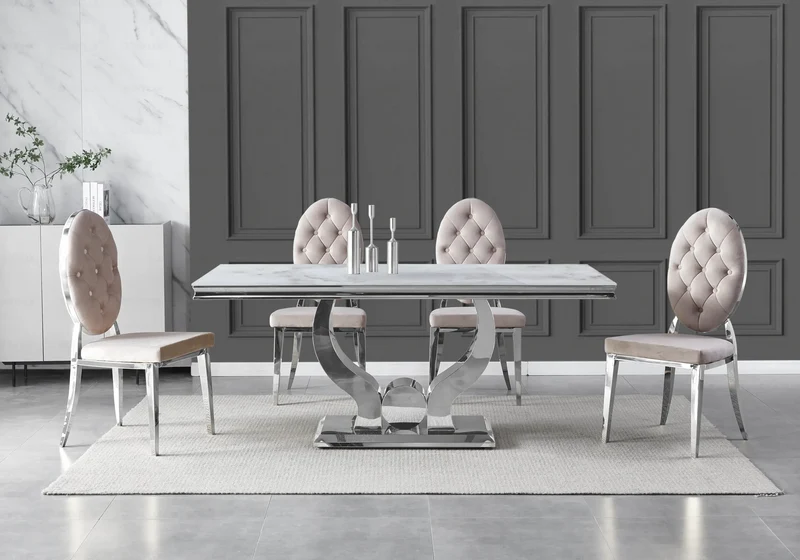 Table marbre beige et 4 chaises capitonnées argent – Omega