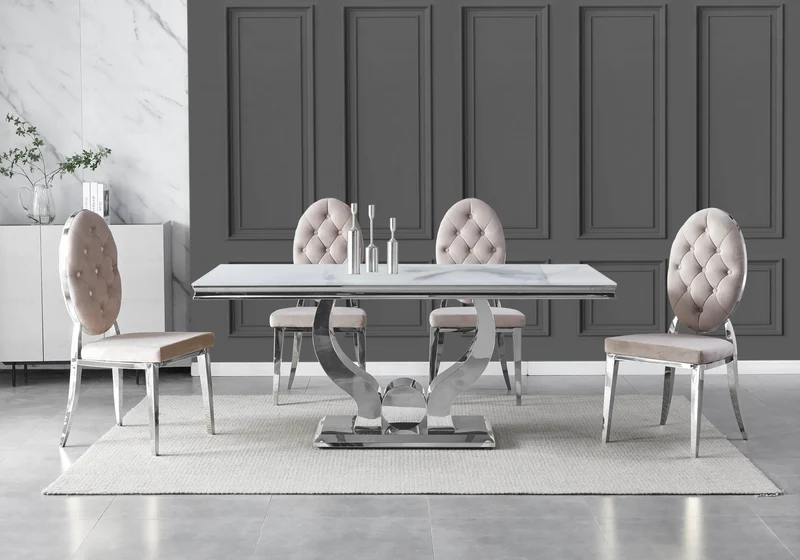 Table marbre blanc et 4 chaises capitonnées argent – Omega