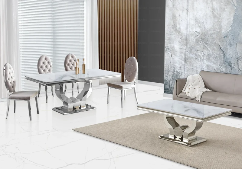 Table marbre blanc et 4 chaises capitonnées argent – Omega